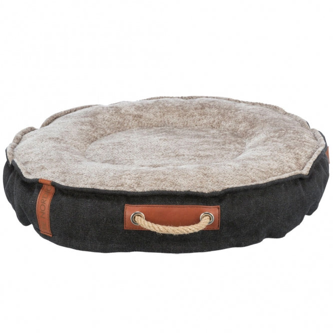 rundes Hundebett in schwarz mit beigem inneren. Eine Schlaufe aus Seil. In einem Nautical Stil